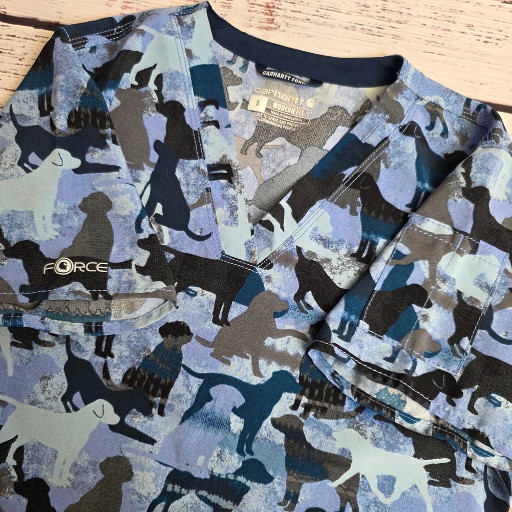 Carhartt Force Scrub Top Women Small Blue Dog Print V-Neck Modern Fit Cross Flex